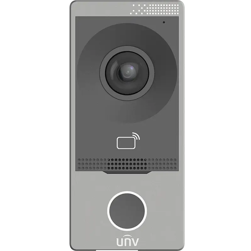 A grey intercom with a push button, built-in camera, and UNV-Logo