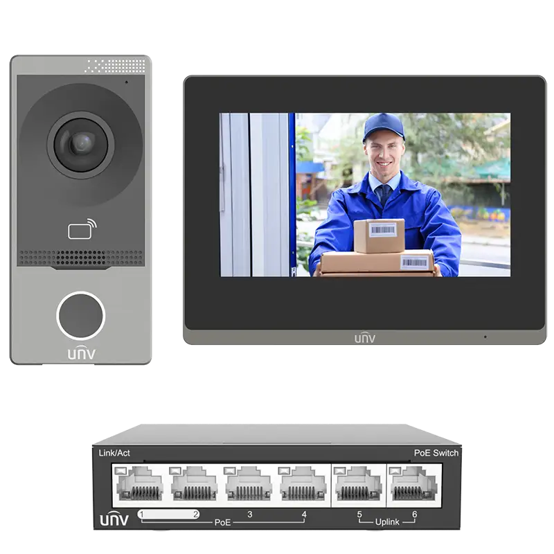 A Uniview Kit that includes an intercom, indoor touchscreen monitor, and a 4-port PoE switch