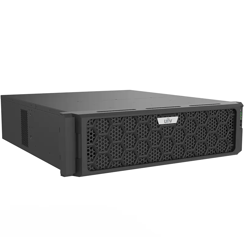 Uniview 128-channel video recorder with capacity for 16 hard drives, front left angle