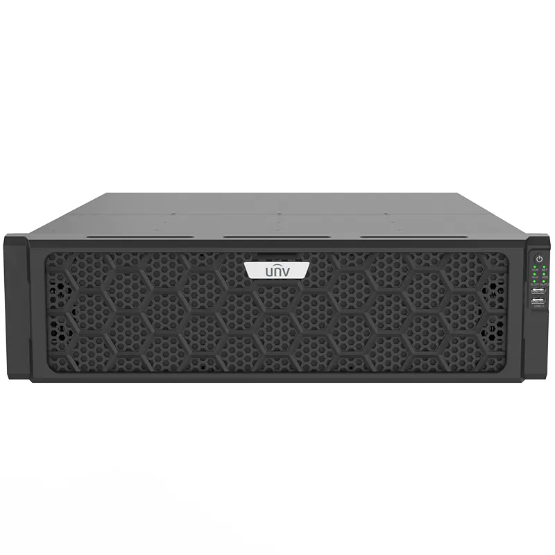 Uniview 128-channel video recorder with capacity for 16 hard drives, front angle