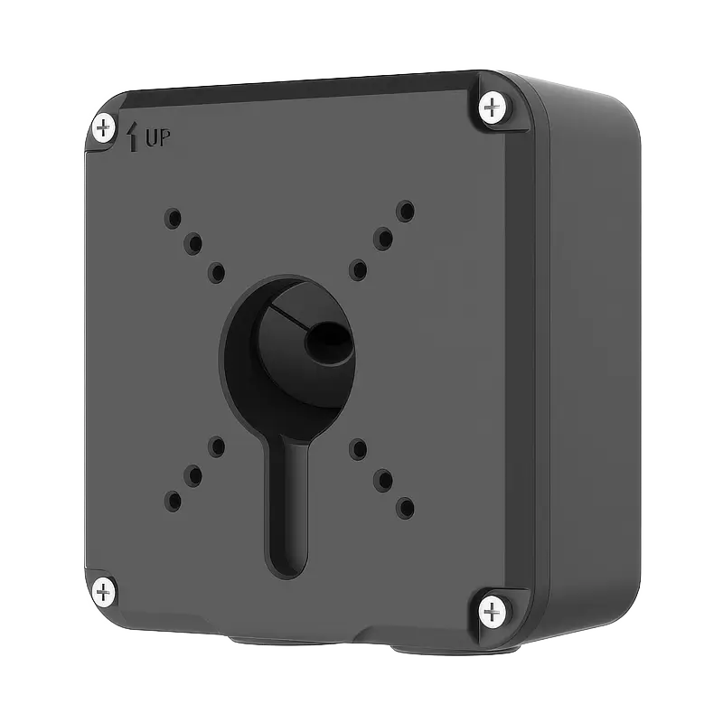 A black square metal junction box for Uniview security cameras