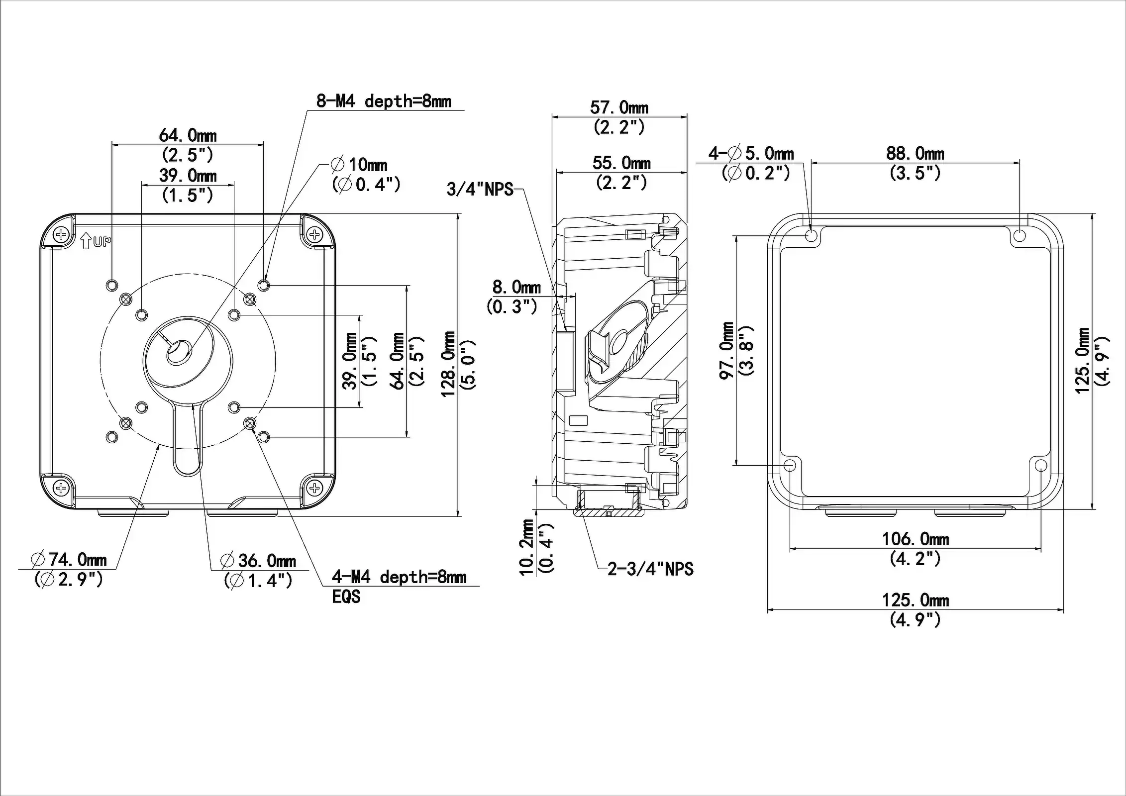 A diagram showing the dimensions of a Uniview square metal junction box