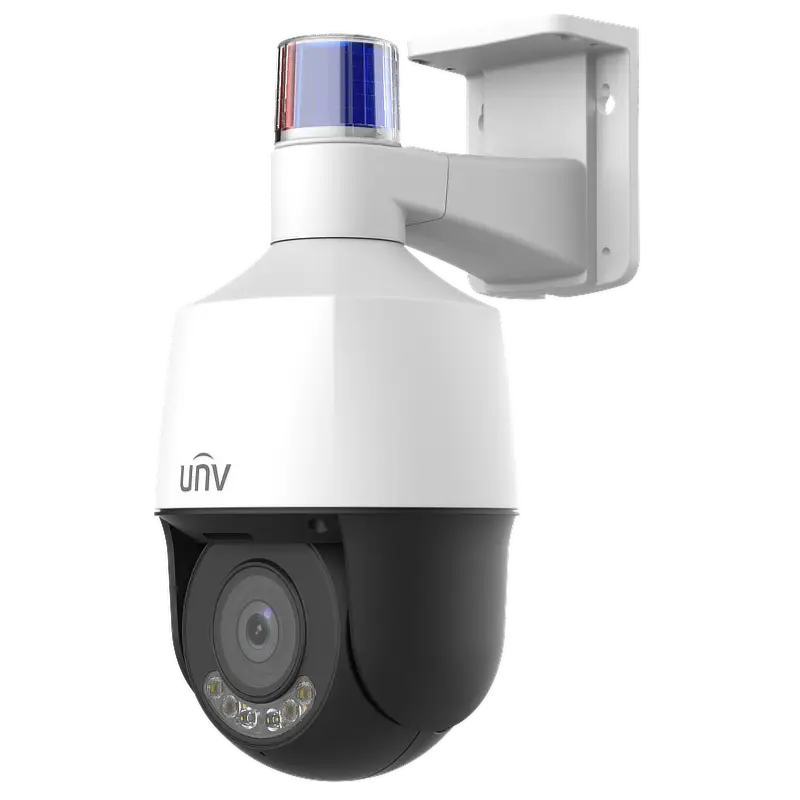 A PTZ security camera with a red and blue strobe light on top made by Uniview, viewed from an angle