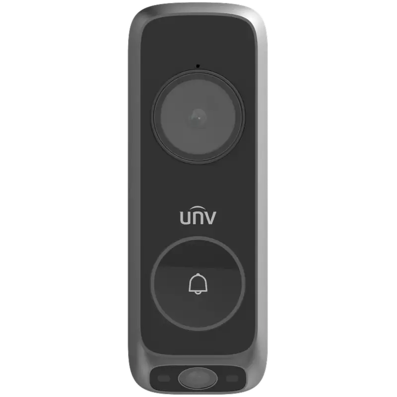 A wireless doorbell made by Uniview with a push button to ring the door along with a front-facing lens and one that's tilted downwards to view packages
