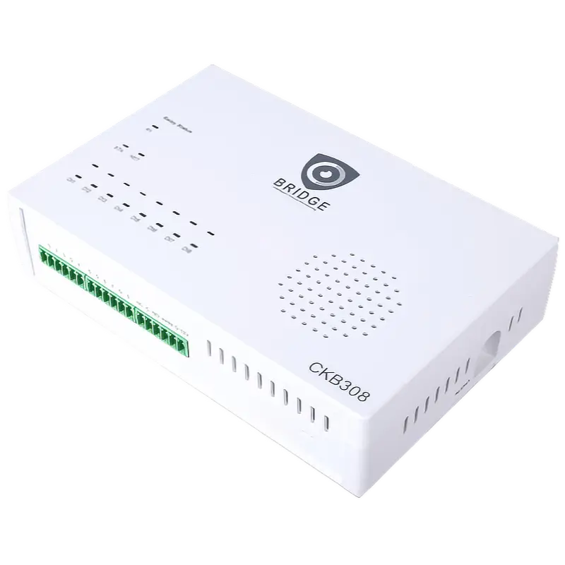 A white box with alarm inputs at the bottom and the Chekt logo on top with the words bridge underneath