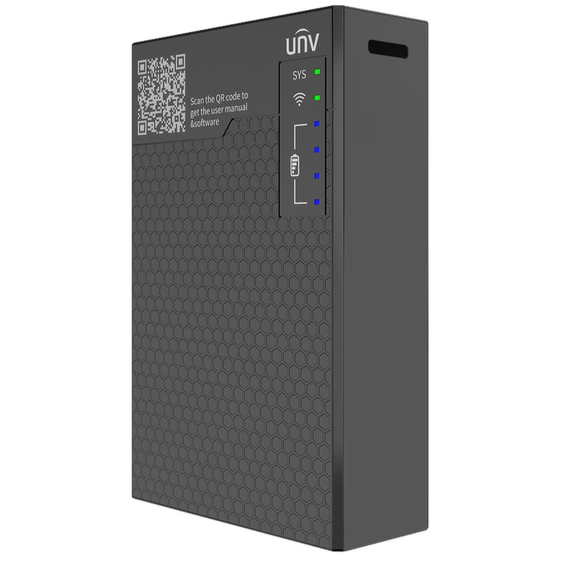Uniview's connect pro box as viewed from the front right, showing an LED status indicator for battery charge percentage and Wi-Fi status