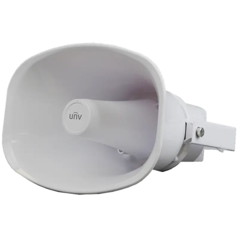 A large speaker with a metal bracket designed for mounting outdoors