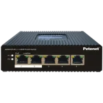A 4-port industrial PoE switch in a durable metal enclosure, with one gigabit uplink port
