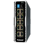 An 8-port industrial PoE switch in a durable metal enclosure, with two gigabit uplink ports