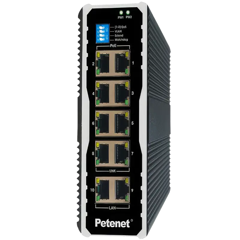 An 8-port industrial PoE switch in a durable metal enclosure, with two gigabit uplink ports