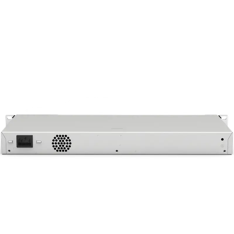 The back of Reyee's 24-port Gigabit switch with a power connector at the left side and an exhaust port for the fan beside it