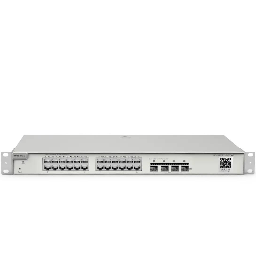 The front of a 24-port Gigabit switch with four 10 Gigabit uplink ports and a reset button at the bottom left