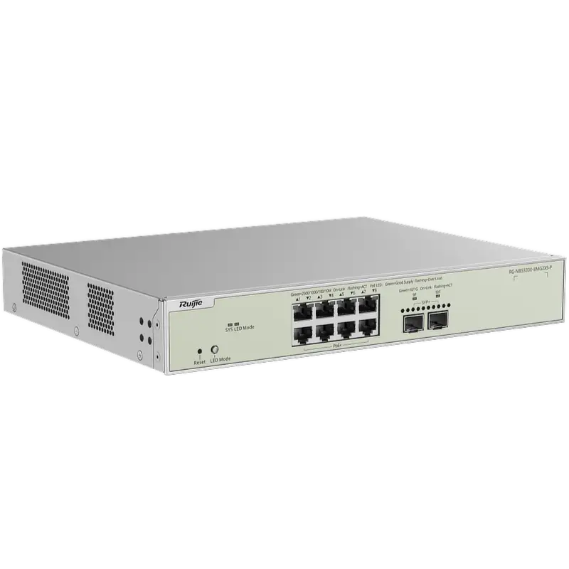 An 8-port PoE switch with 10 Gigabit SFP+ uplink ports made by Reyee