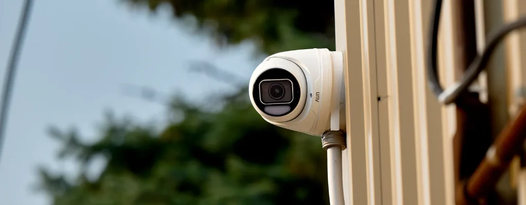 A Uniview security camera mounted on the side of a building with a tree and powerlines in the background