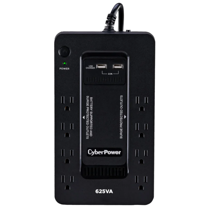A UPS battery backup made by Cyberpower with eight power outlets, of which four provide battery backup to connected devices