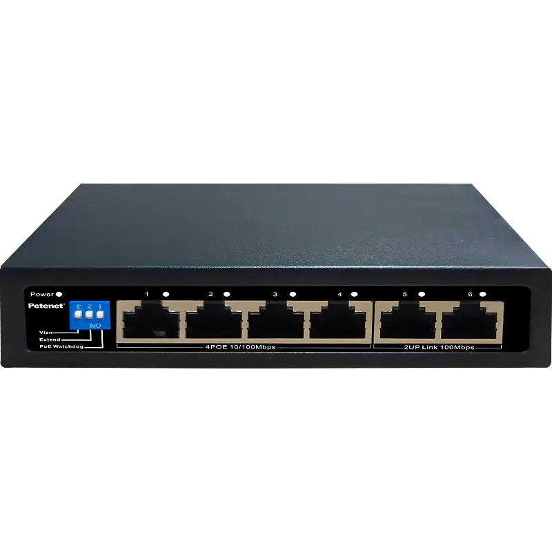A 4-port PoE+ switch with two uplink ports made by Petenet