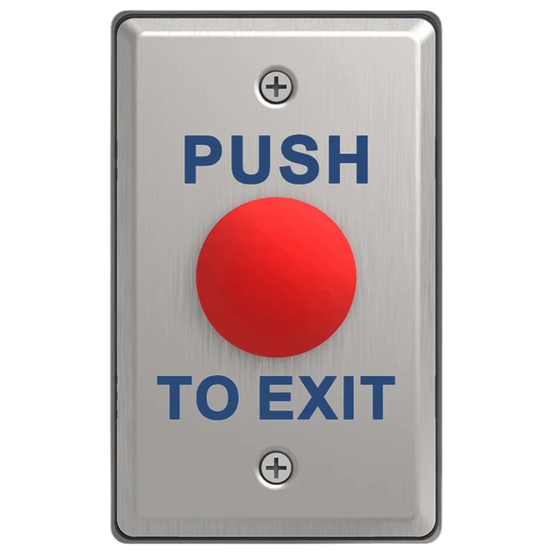 A push to exit switch with a large red button in the center, with the text Push to Exit written above and below the button