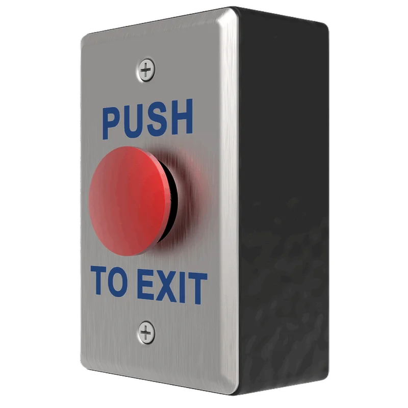 A side angle of a push to exit button with a large red mushroom-style switch in the center