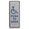 A metal push to open button with a blue handicap accessibility icon in the center, narrow version