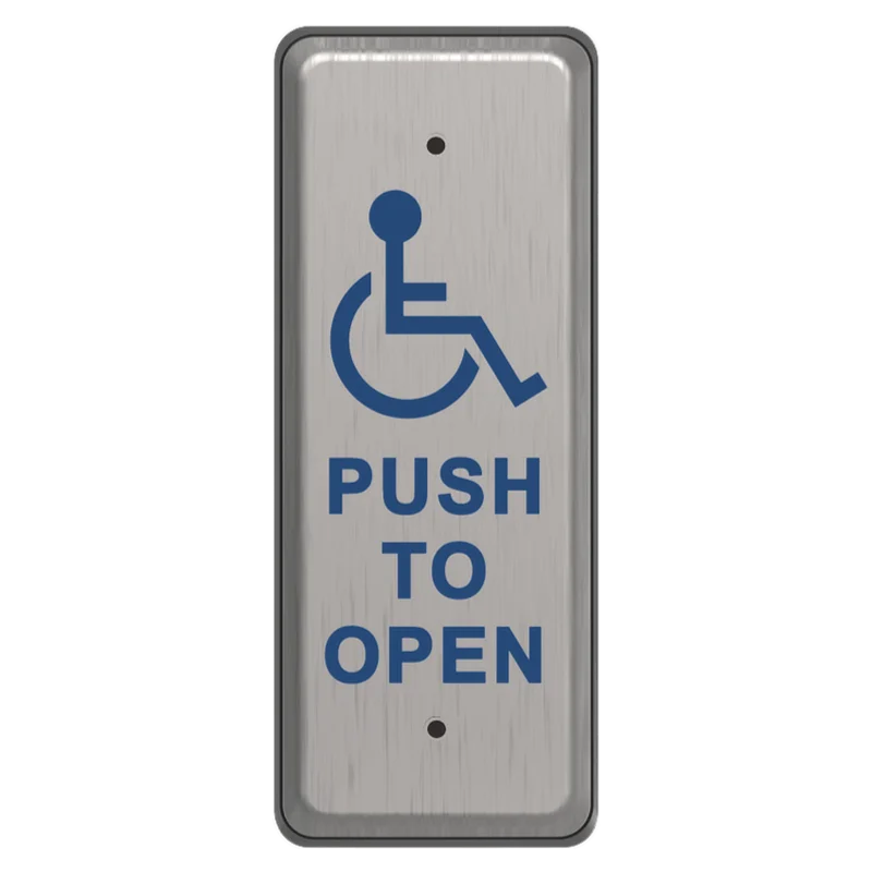 A metal push to open button with a blue handicap accessibility icon in the center, narrow version