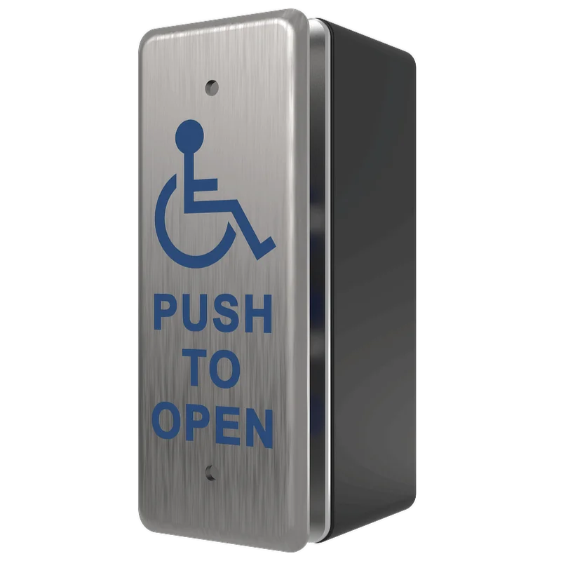 A push to open accessibility button as viewed from a side angle, showing the black junction box behind it. This is a narrow version, good for installing on thinner door frames