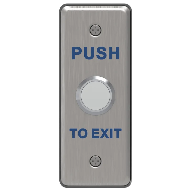 A narrow metal push to exit button with a circle in the middle that acts as a trigger for opening a door