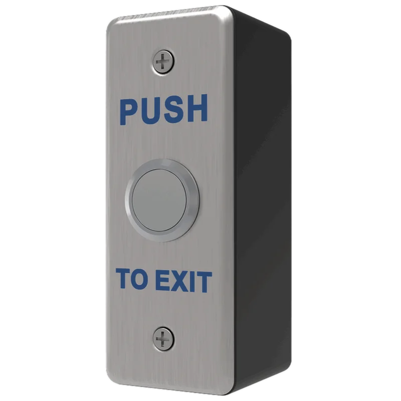 A side angle of the narrow push to exit button made by MZE Door Controls, with a stainless steel finish