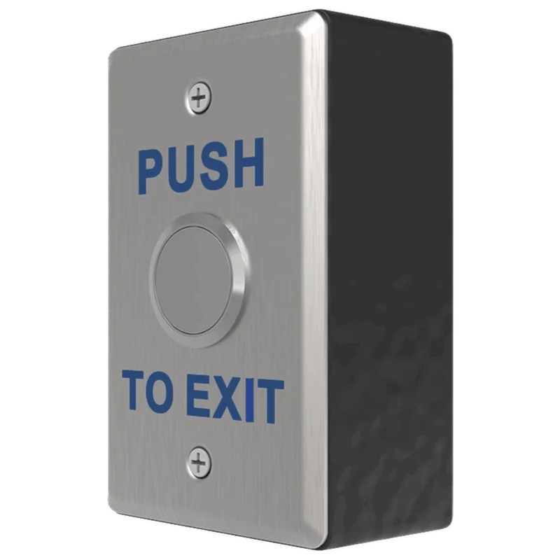 The side view of a metal push to exit button, with a slight black junction box protruding behind the switch