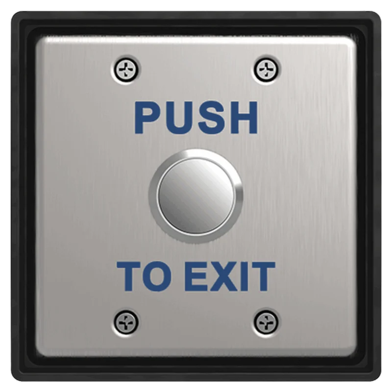 A metal button in the center with blue text that says Push to Exit along the top and button of the switch
