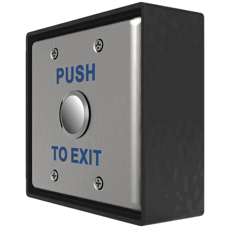 The side view of a metal push to exit switch, which is surrounded by a black junction box that's designed to be installed near an accessible door.