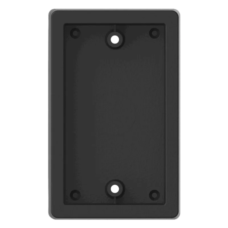 A black junction box for access control push buttons, made of a hardened ABS plastic polymer, fits on single gang junction boxes