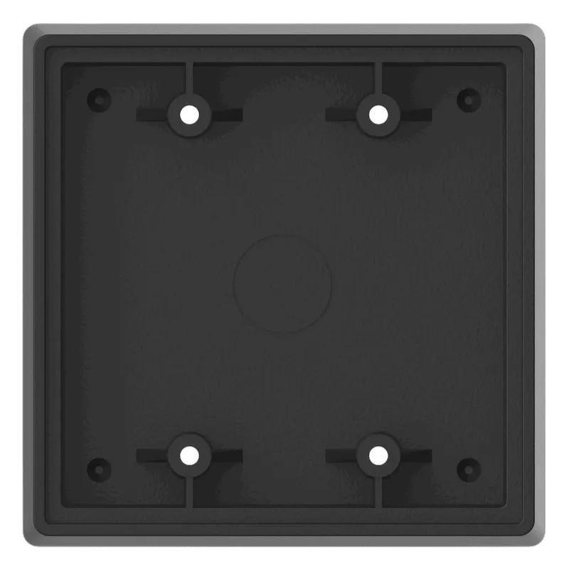 A black junction box for access control push buttons, made of a hardened ABS plastic polymer, wider version that fits on double gang junction boxes