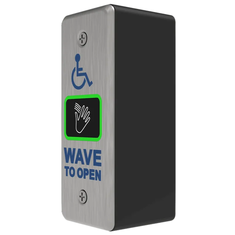 A side view of a wireless wave to open button with a blue wheelchair icon above, and text below that says Wave to Open