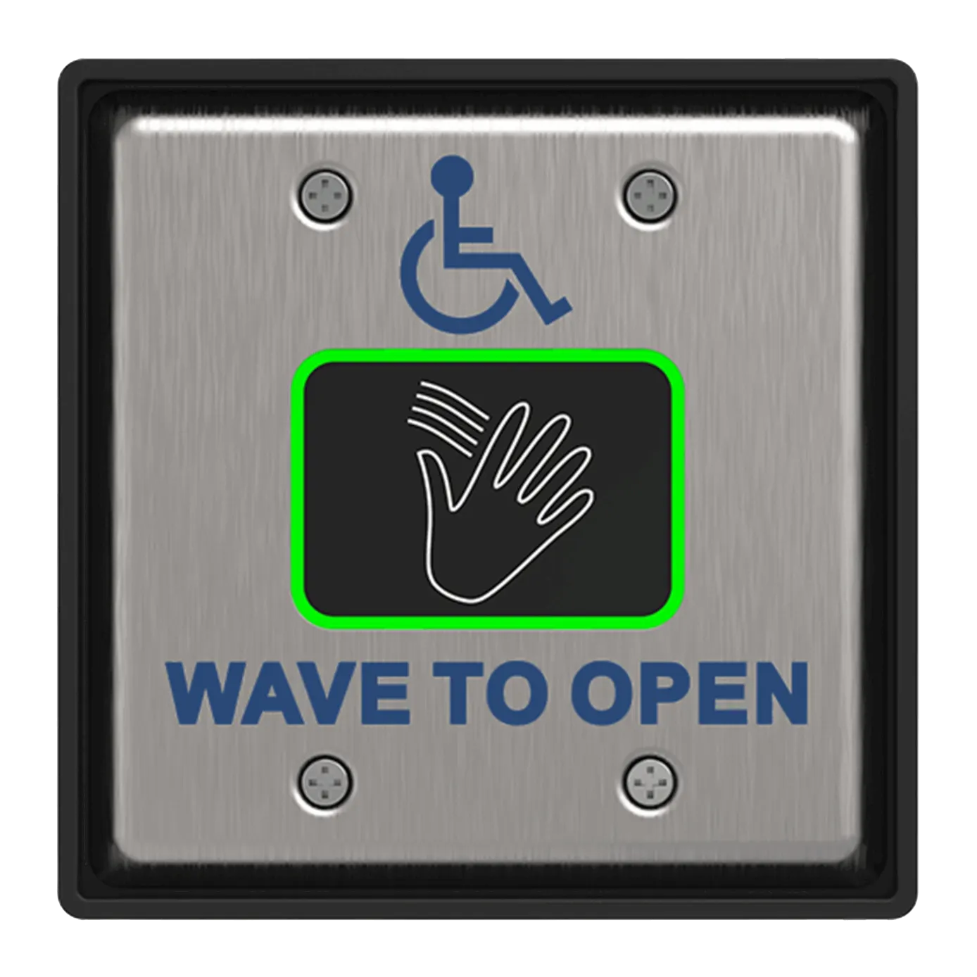 A wireless wave to open switch with an icon in the center that shows a hand waving. Underneath, the text Wave to Open is engraved in blue.