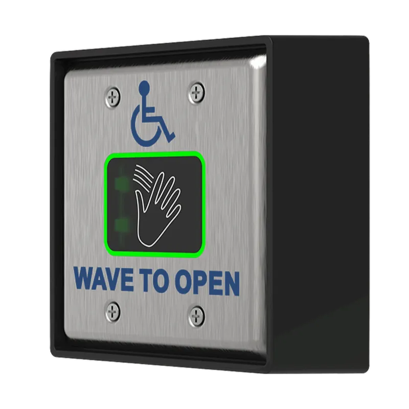 A side view of a wave to open accessibility button, designed for operating doors without needing to physically push a switch.
