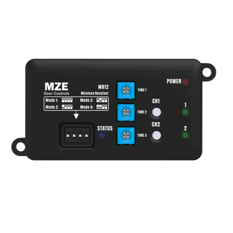 A wireless receiver for sending the signal of a door push button, featuring two relays and three switches for adjusting relay timings