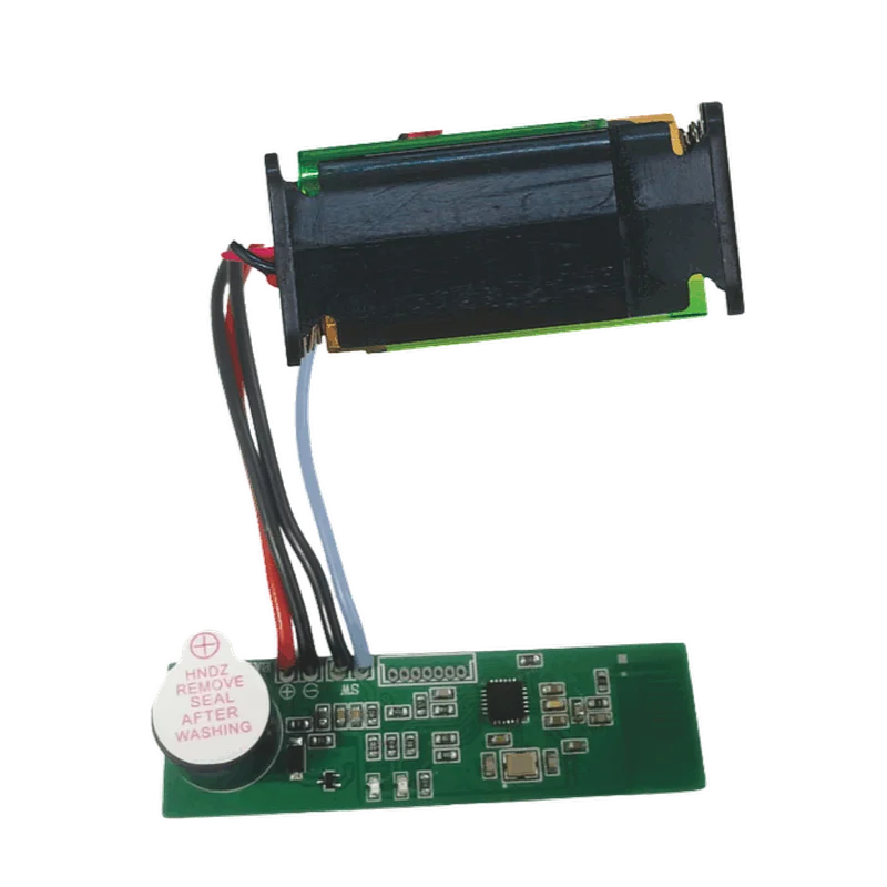 A small wireless transmitter circuit board for sending the signal of a push button to the receiver, runs on two AAA batteries