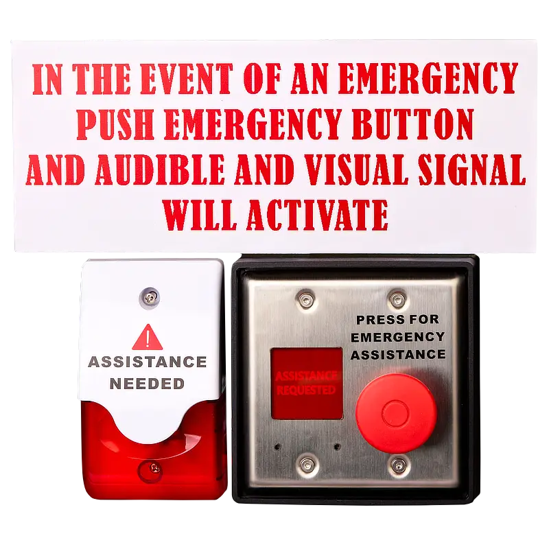 An emergency washroom kit that features a siren and a red emergency push button with signage.