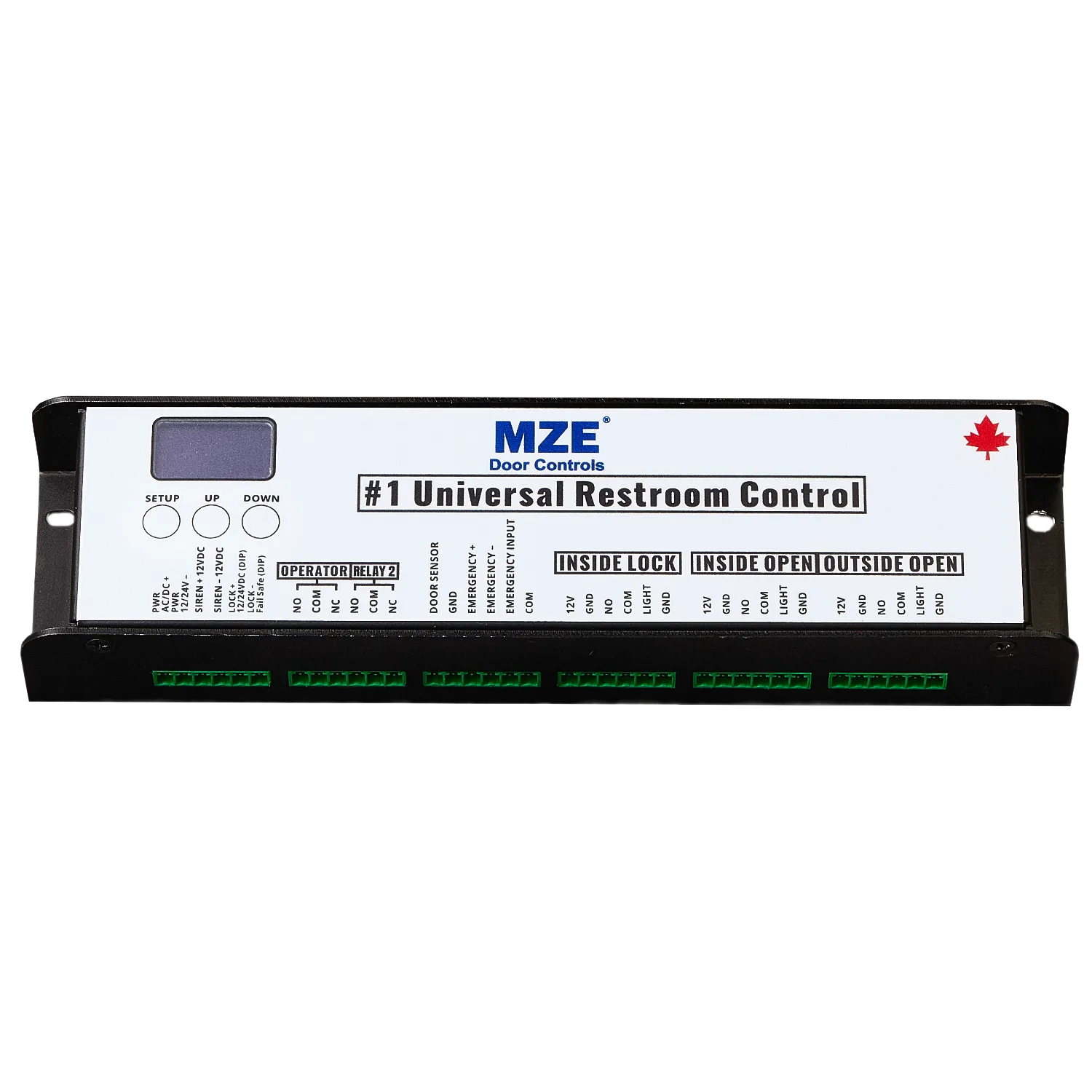 A universal washroom door controller made by MZE door controls with various inputs for connecting to door switches and push buttons.