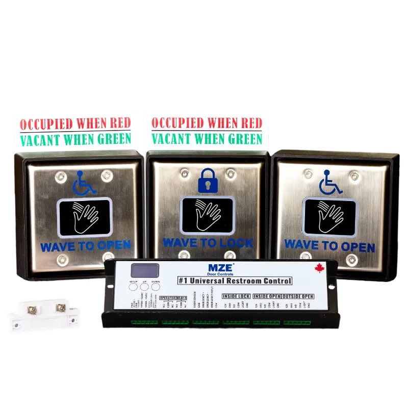 A row of three wave-to-open switches for a washroom, with a door controller in front with the MZE logo visible in blue text.