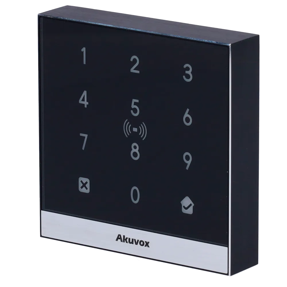 An access control terminal by Akuvox with buttons for entering your PIN number, and a built-in card reader.