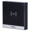 An access control terminal made from toughened glass with a card reader icon in the center