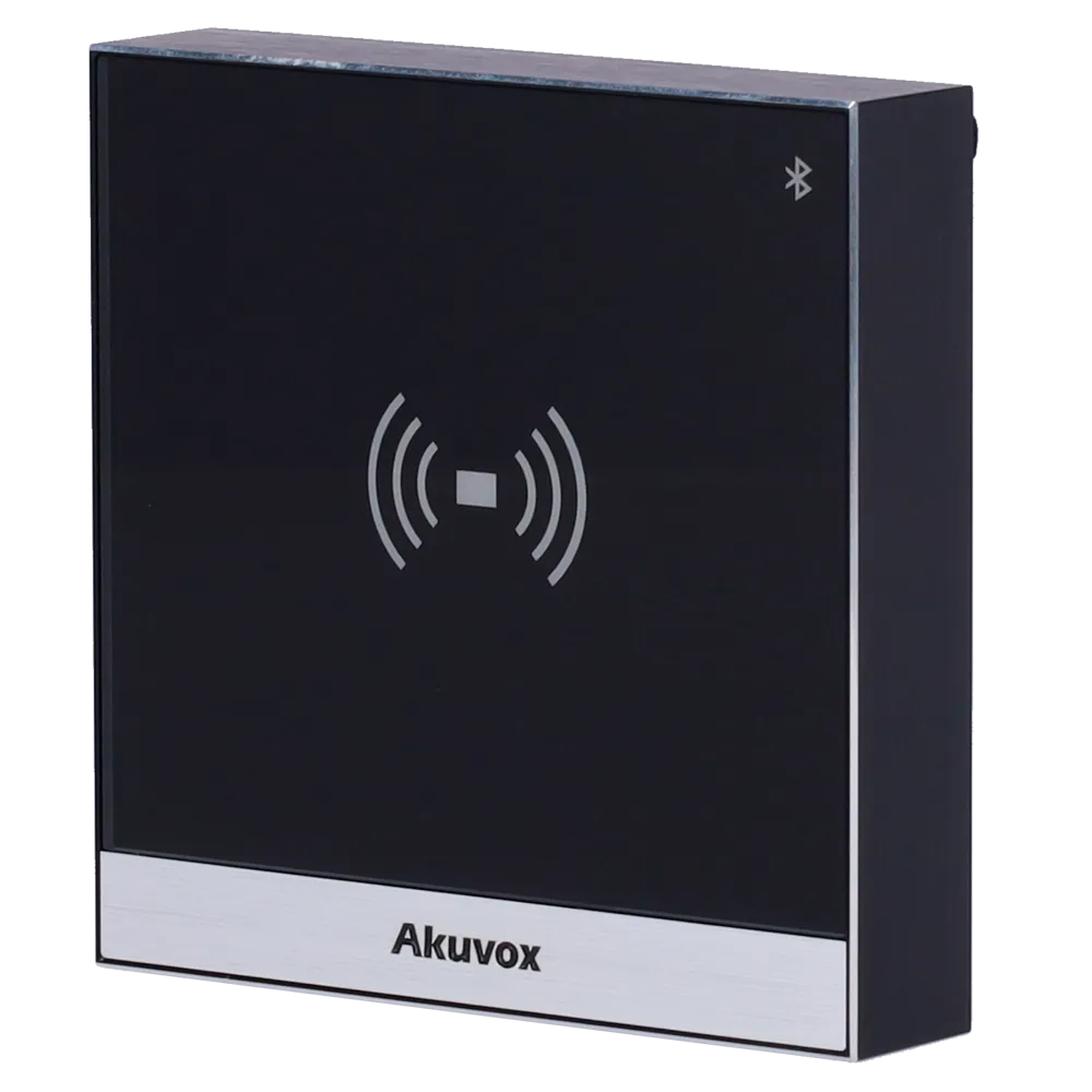 An access control terminal made from toughened glass with a card reader icon in the center