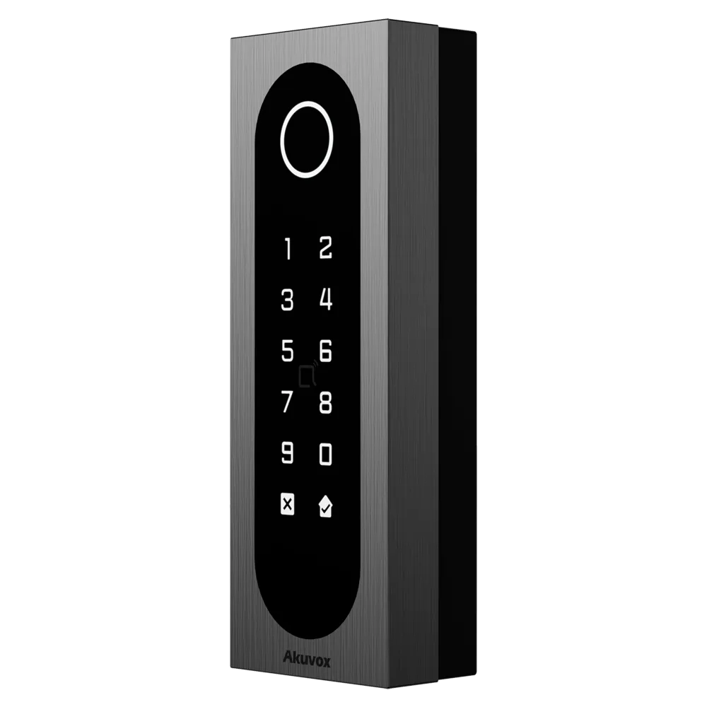A metal rectangle with buttons numbered 0 through 9 with the Akuvox logo at the bottom.