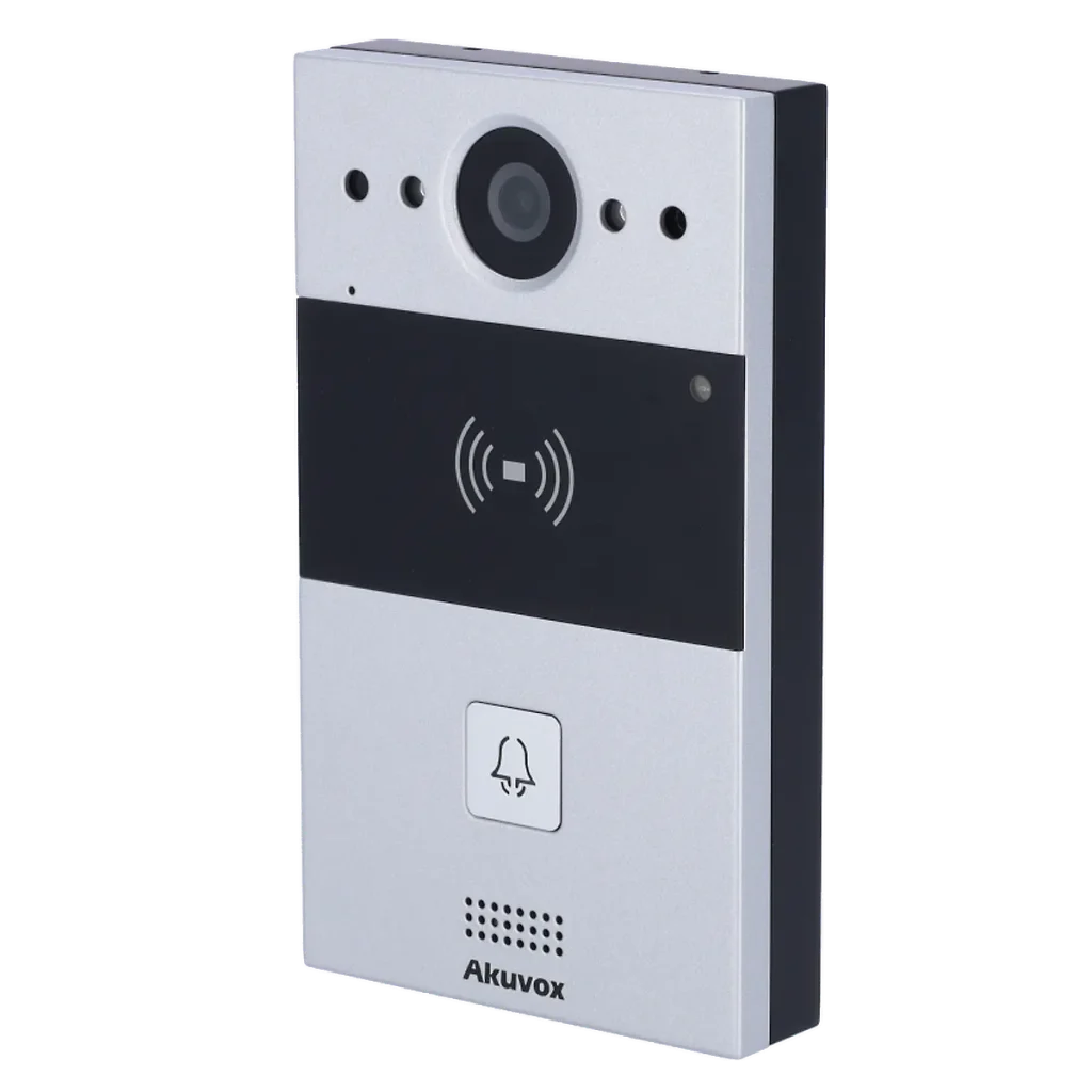 A video intercom made by Akuvox with a grey metal body, a camera, and two-way audio