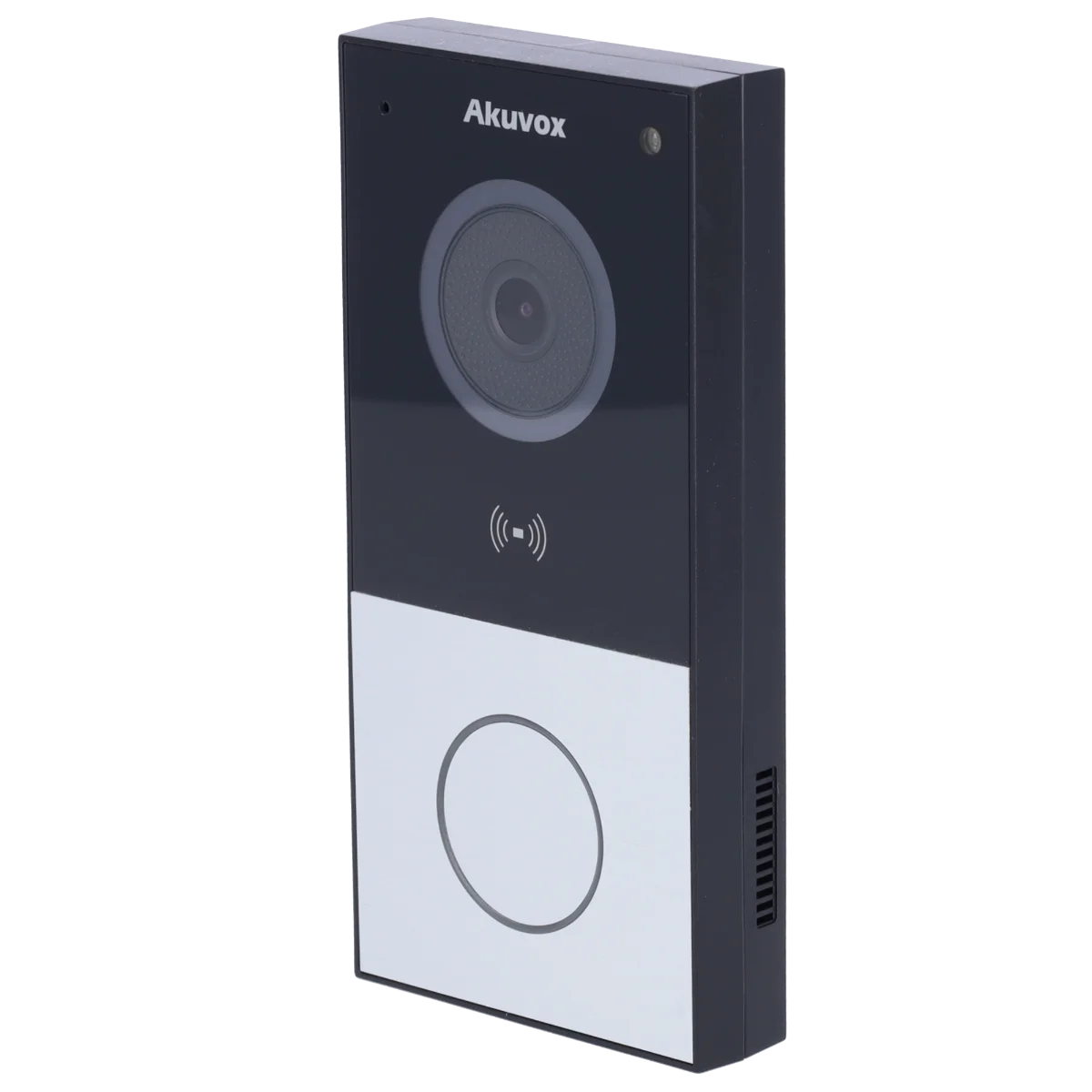 Akuvox E12 video intercom with a single push button at the bottom center, and a camera lens at the top center