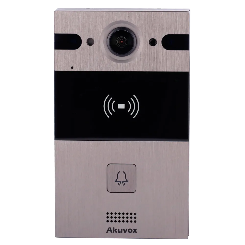 A metal intercom made by Akuvox with a 4MP camera and two-way audio