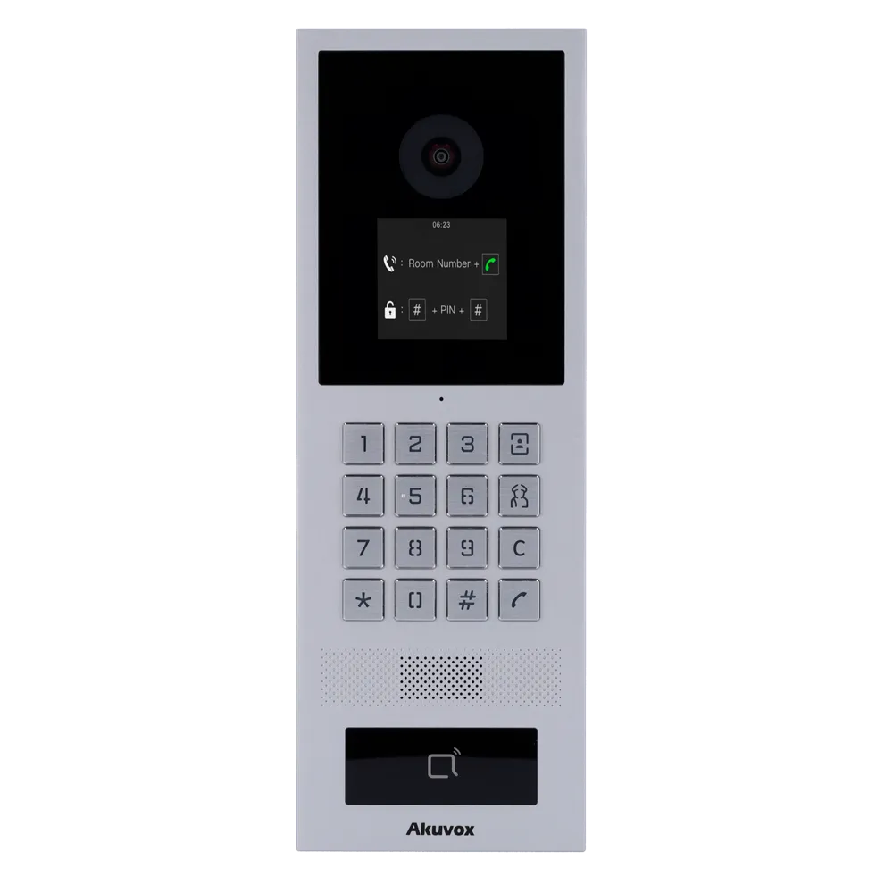 A silver video intercom with the Akuvox logo at the bottom, and a metal touchpad in the center for dialing apartments