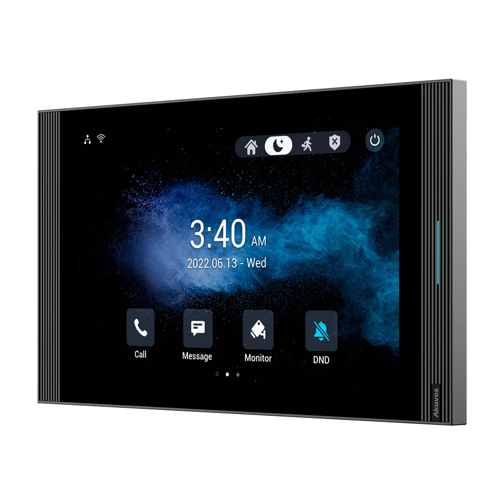A 10-inch touchscreen tablet with time and date displayed in the centre, as well as four icons at the bottom for calling, messaging, monitoring cameras, and toggling do-not-disturb mode