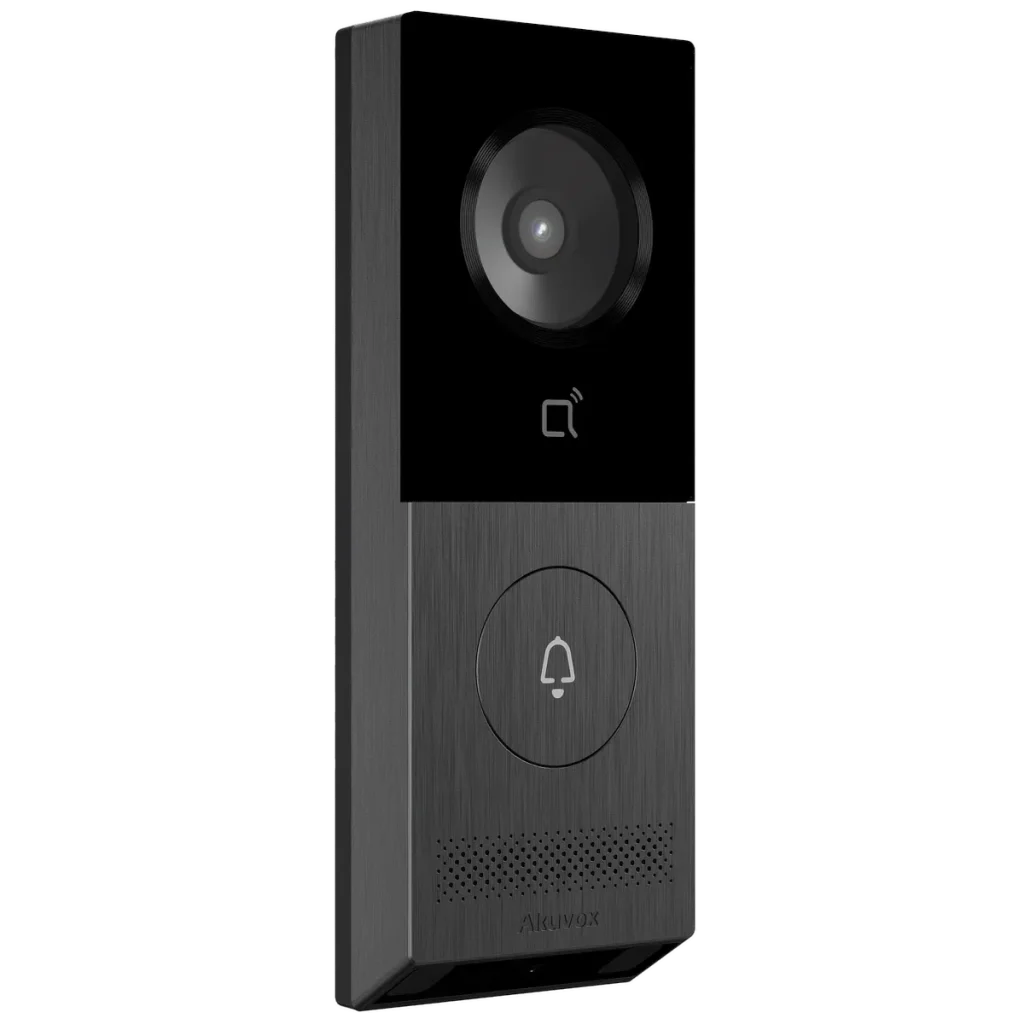 An Akuvox metal intercom with a single push button and a downwards facing camera for package detection, as viewed from the front-left.